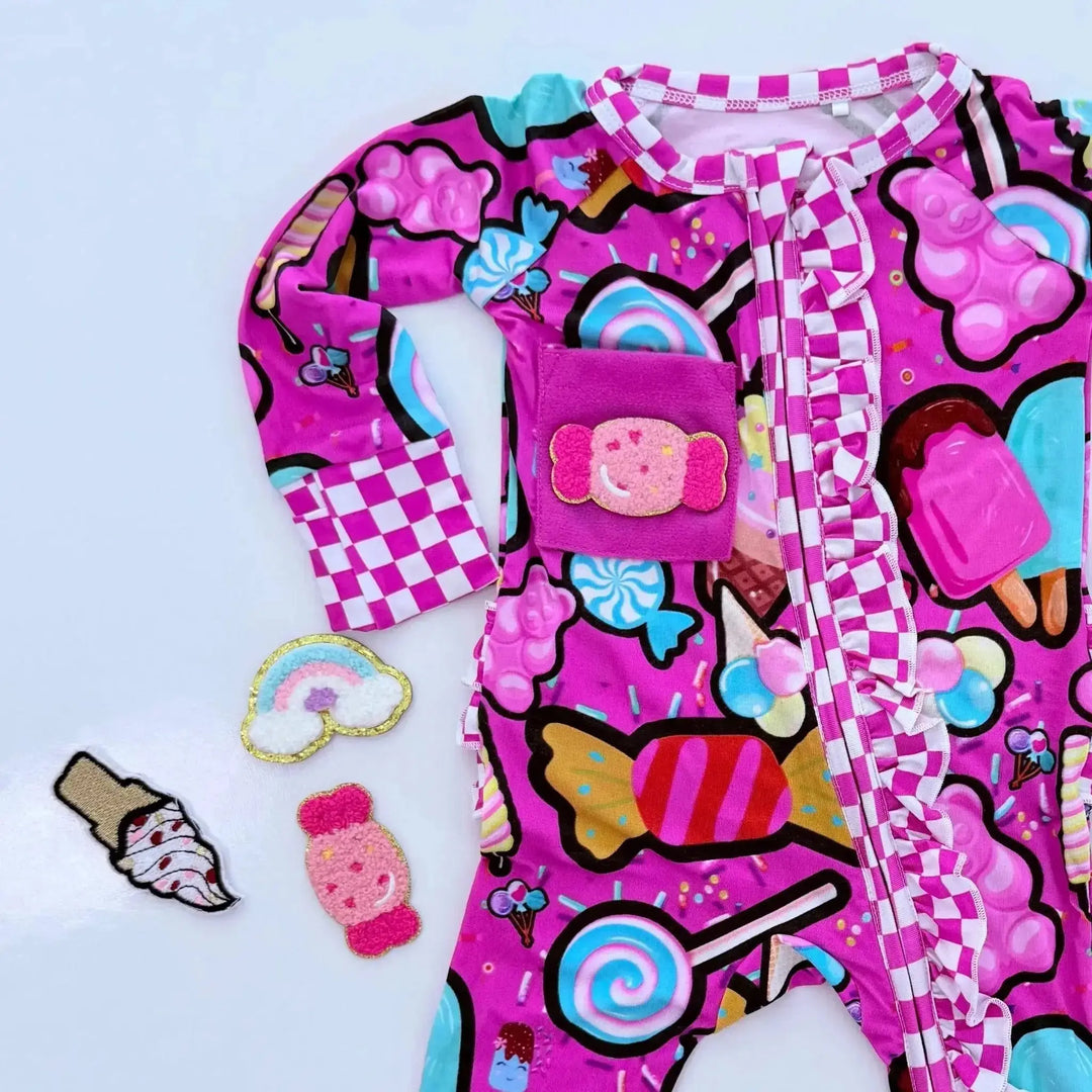 Pre - order Convertible Ruffle Romper | Candy shop print - Nik&DELLE