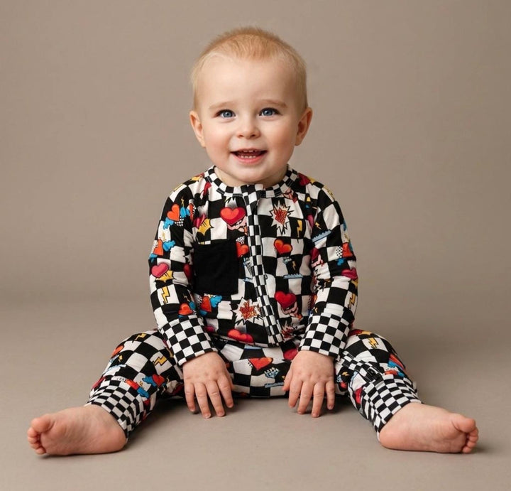 Electric Heart bamboo convertible baby romper with removable heart patch – Nik&DELLE
