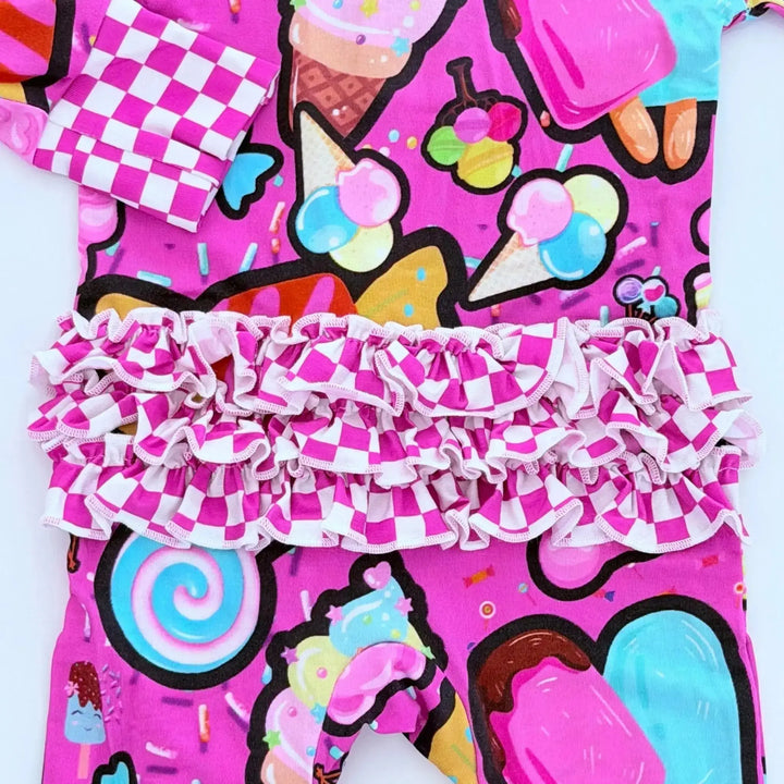 Pre - order Convertible Ruffle Romper | Candy shop print - Nik&DELLE