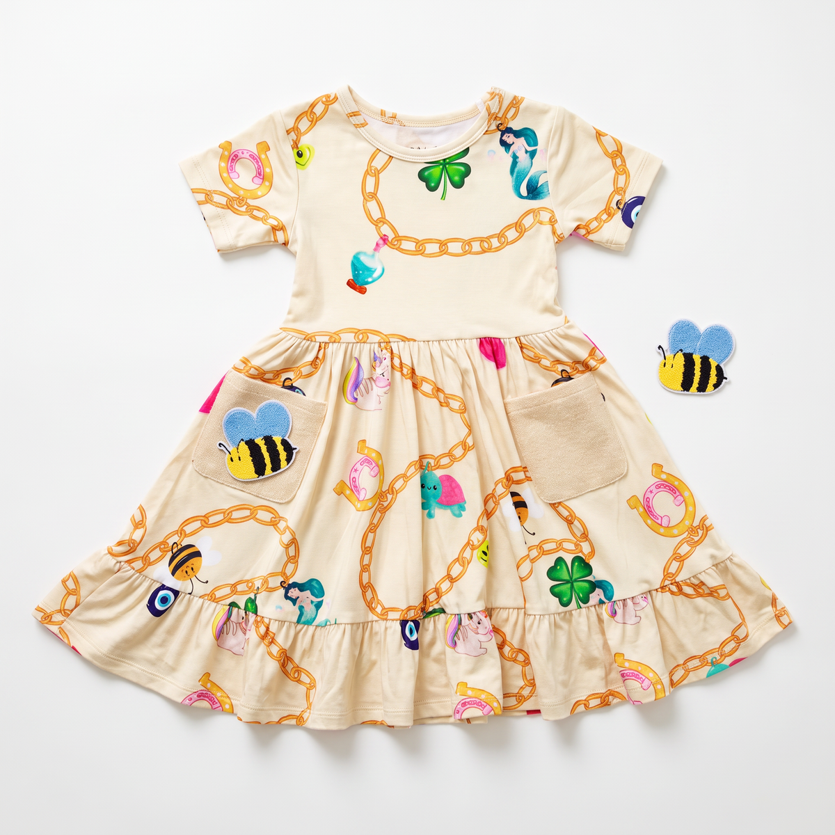 Little Charmer toddler twirl dress with two removable bee patches, Nik&DELLE