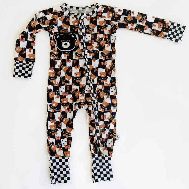 Flat lay of Convertible Bamboo Romper | Teddy Patch Pajama - Nik&DELLE