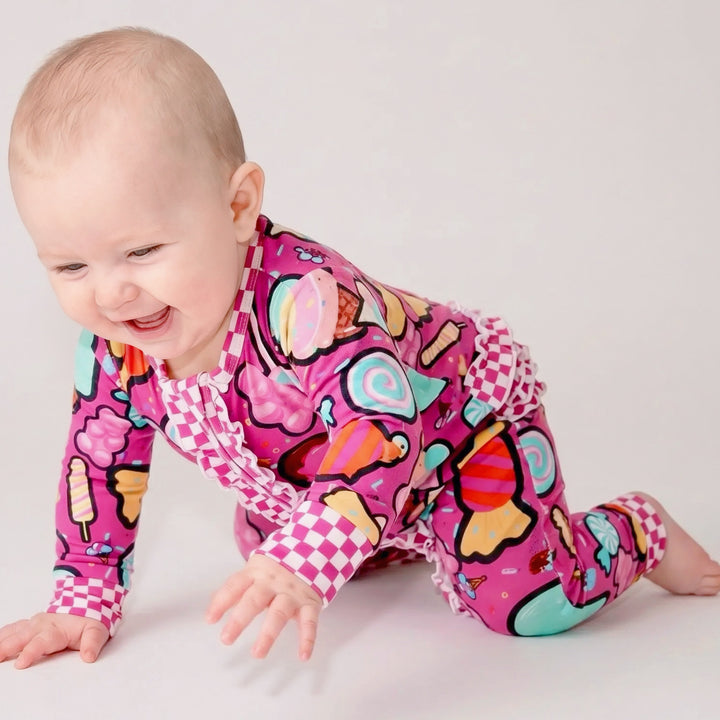 Candy Shop Bamboo Convertible Ruffle Romper | Baby Bamboo Pajamas