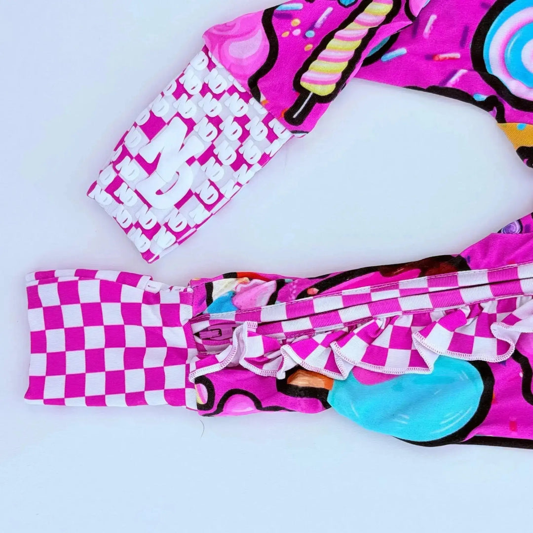 Pre - order Convertible Ruffle Romper | Candy shop print - Nik&DELLE