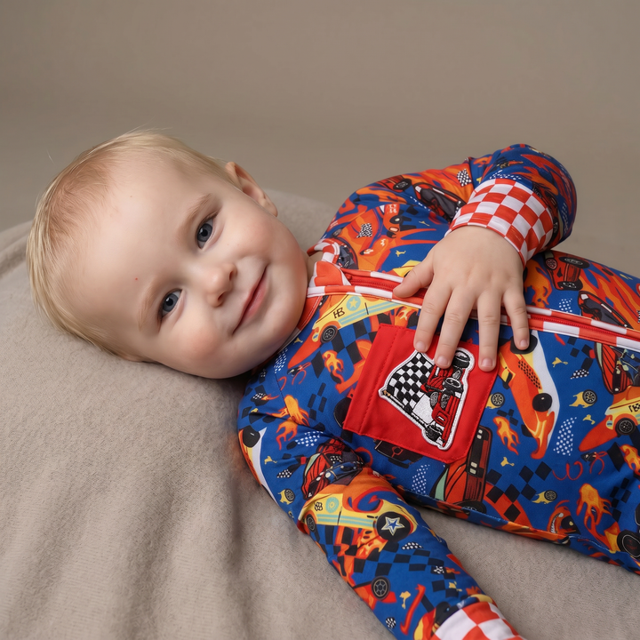 Little Racer Bamboo Convertible Zip Romper with Race Car Patch