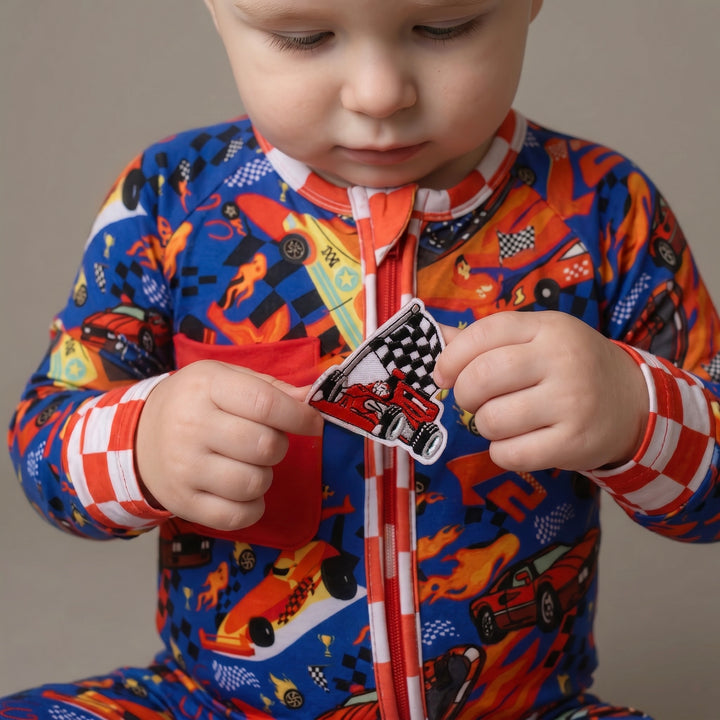 Little Racer Bamboo Convertible Zip Romper with Race Car Patch