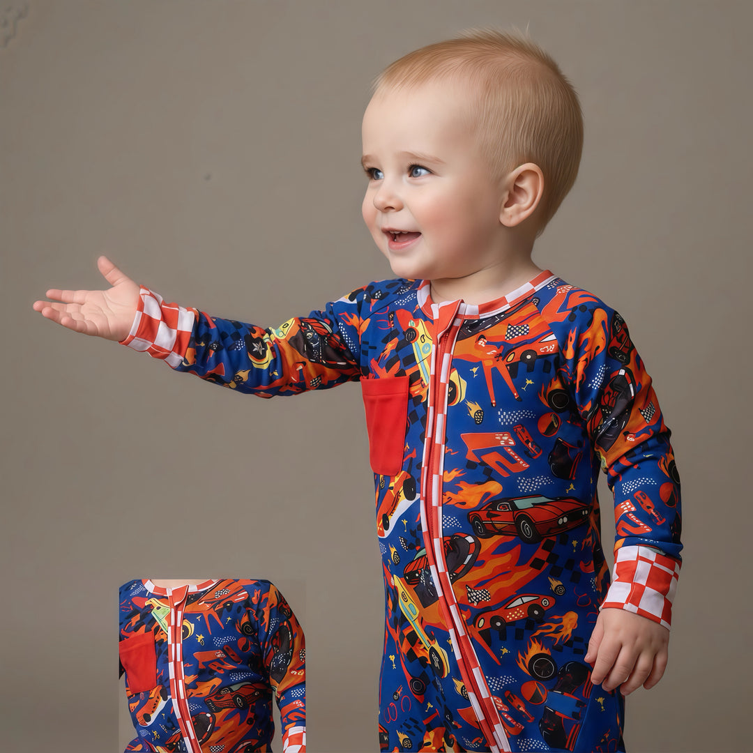 Little Racer Bamboo Convertible Zip Romper with Race Car Patch