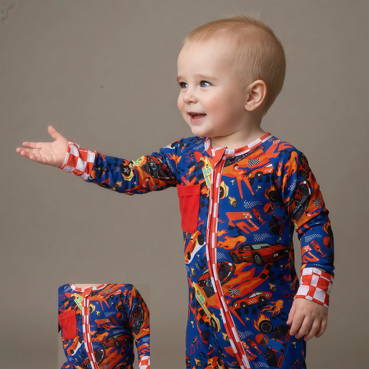 Little Racer Bamboo Convertible Zip Romper with Race Car Patch