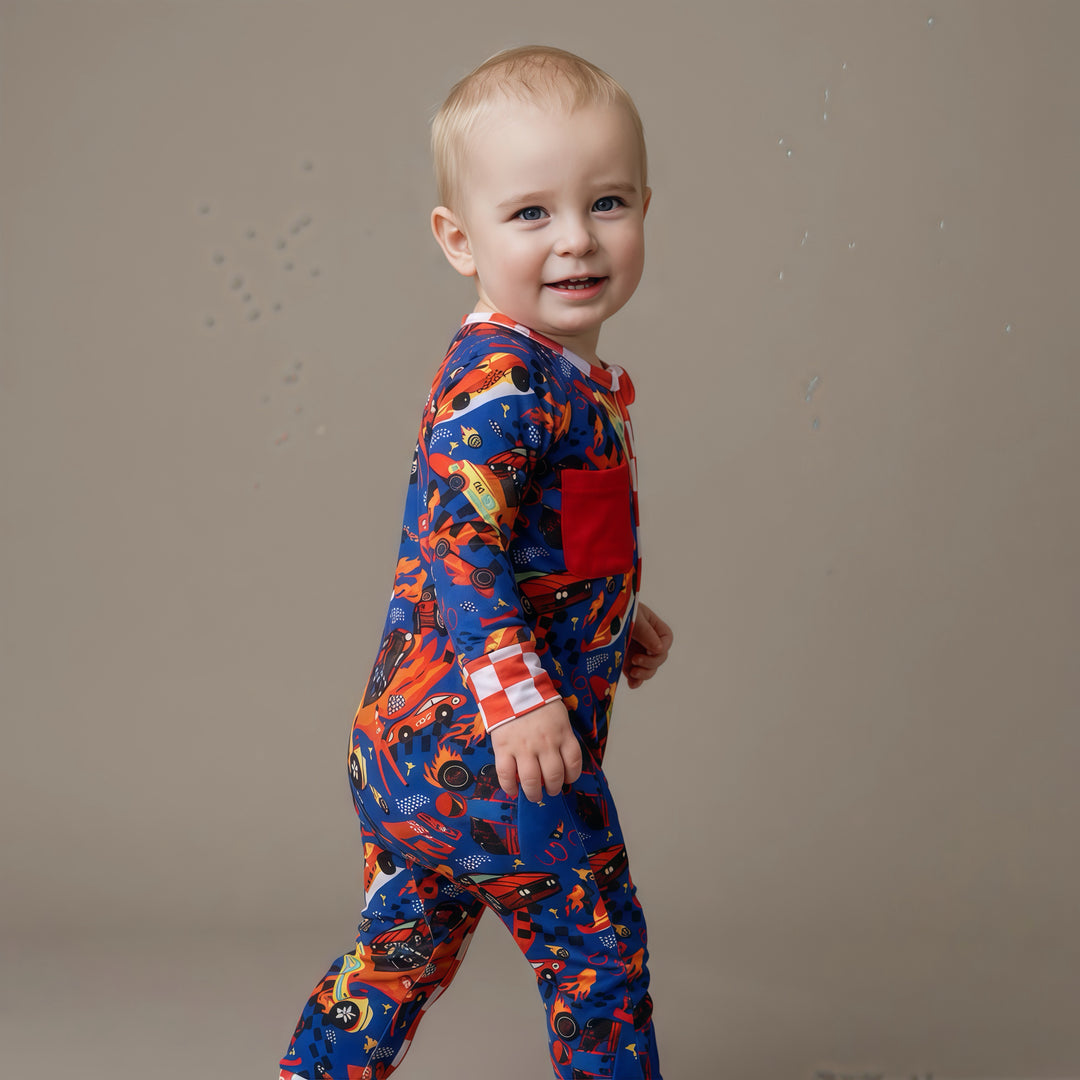Little Racer Bamboo Convertible Zip Romper with Race Car Patch