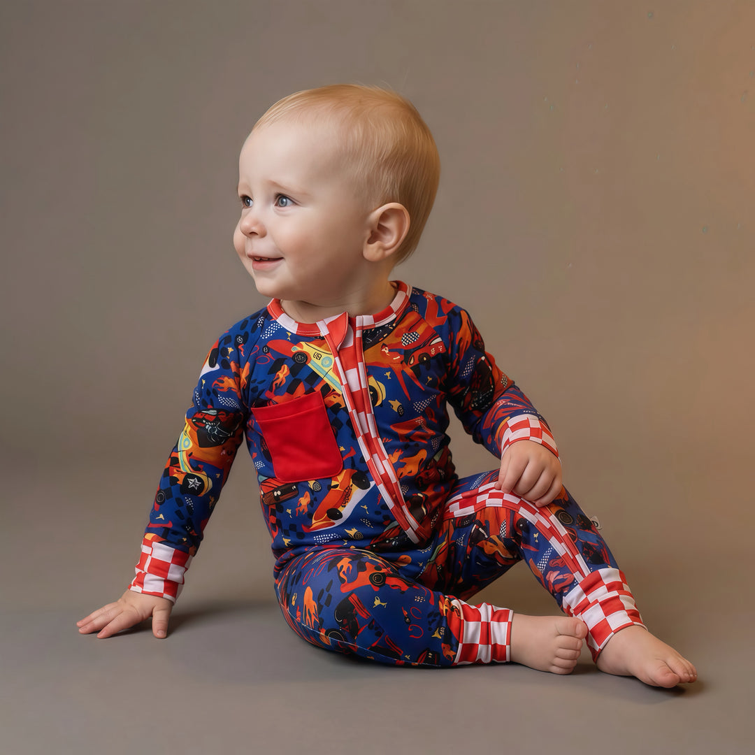 Little Racer Bamboo Convertible Zip Romper with Race Car Patch