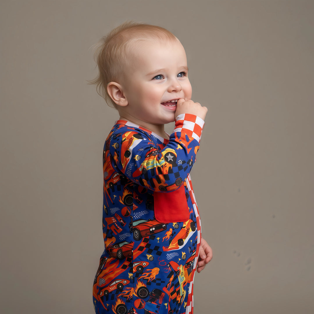 Little Racer Bamboo Convertible Zip Romper with Race Car Patch