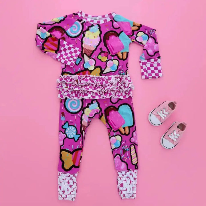 Pre - order Convertible Ruffle Romper | Candy shop print - Nik&DELLE