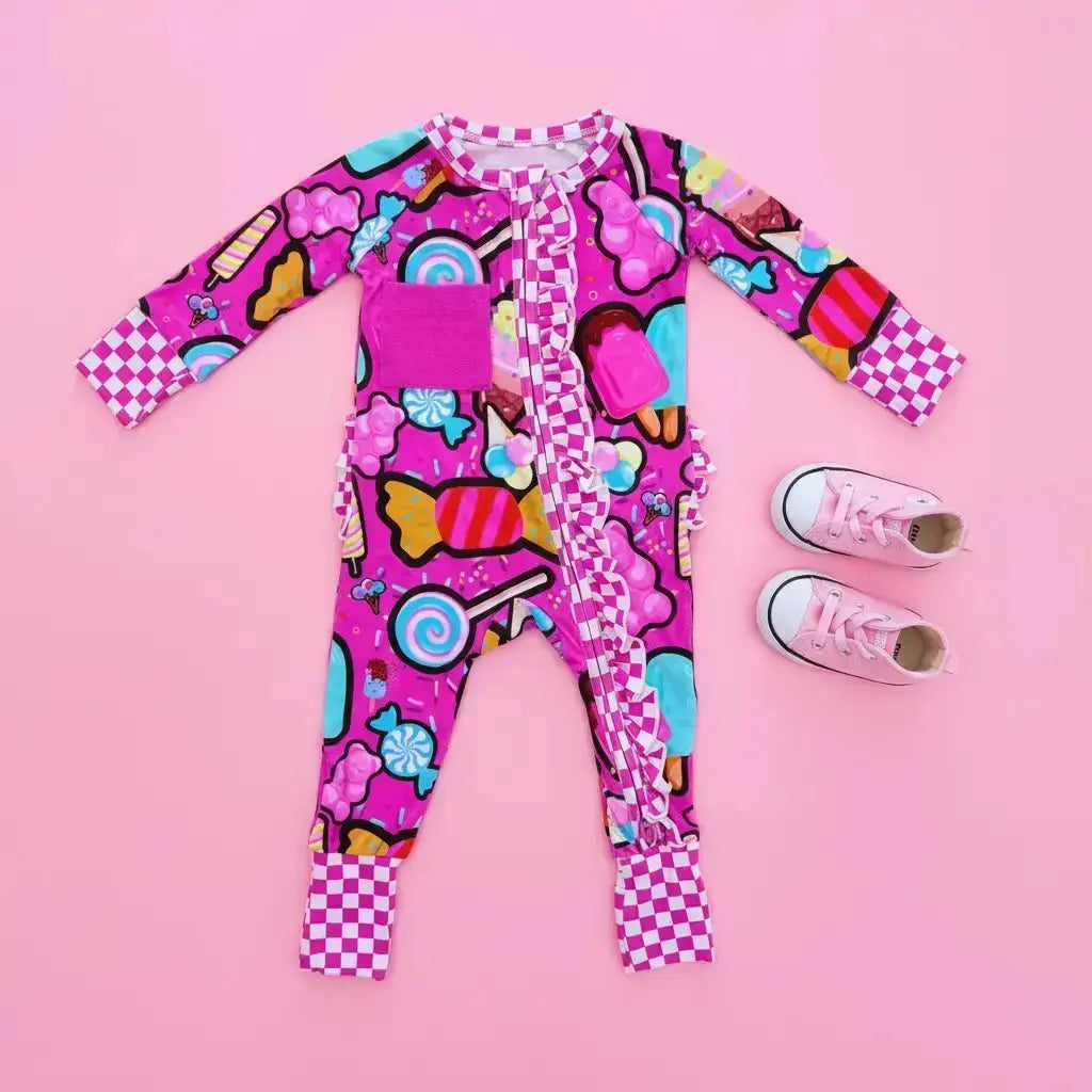 Pre - order Convertible Ruffle Romper | Candy shop print - Nik&DELLE