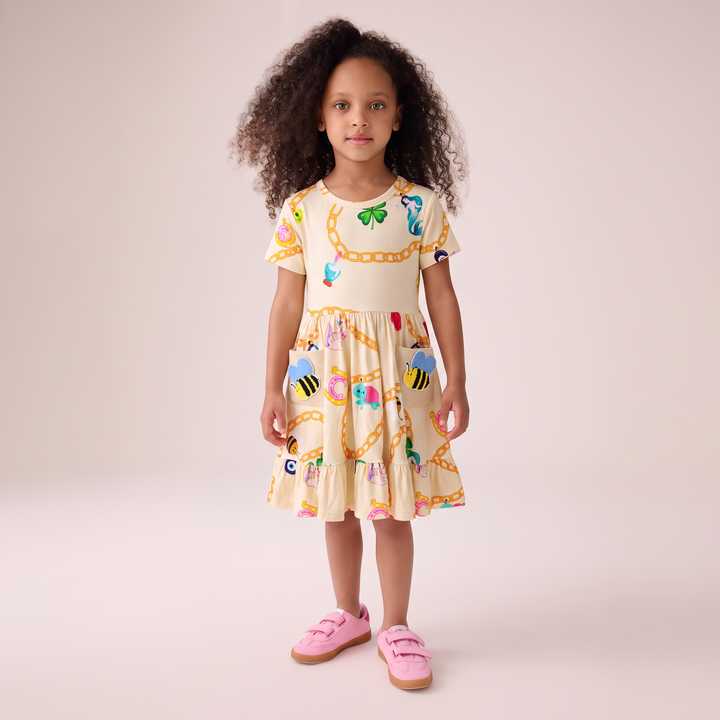 Little Charmer Toddler Twirl Dress with Two Bee Patches