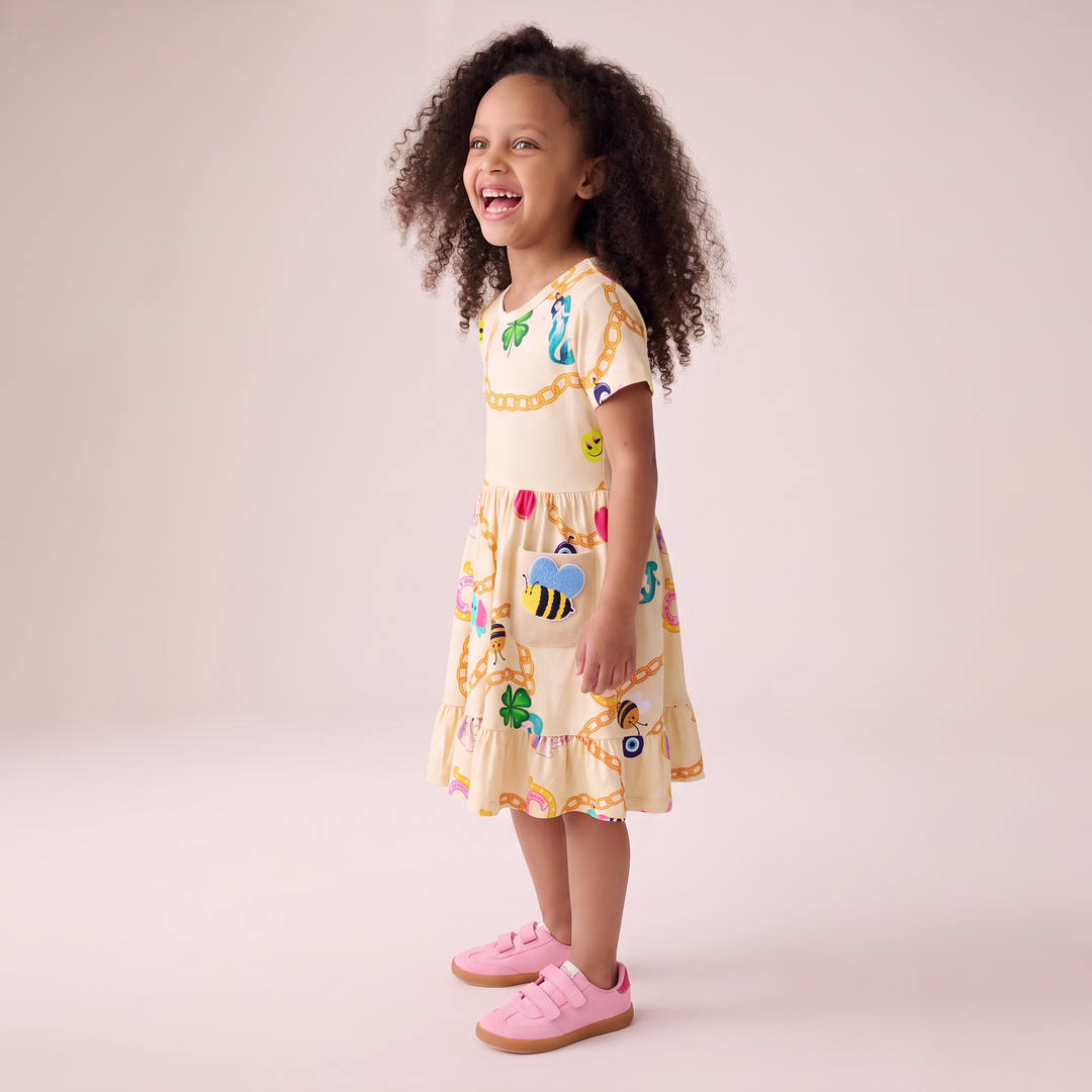 Little Charmer Toddler Twirl Dress with Two Bee Patches