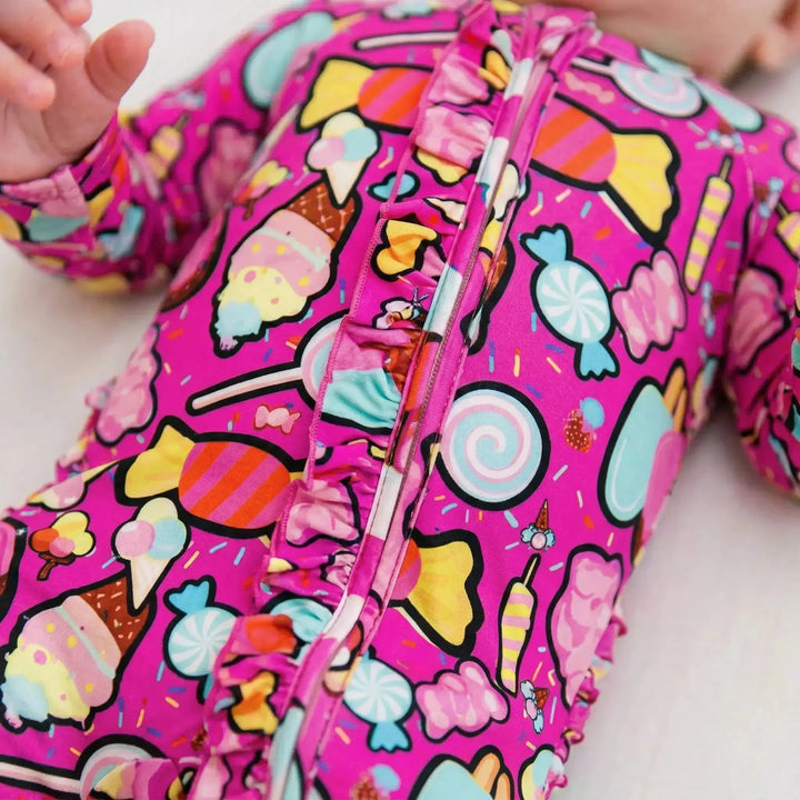 Convertible Ruffle Romper | Candy shop print with Candy patch - Nik&DELLE