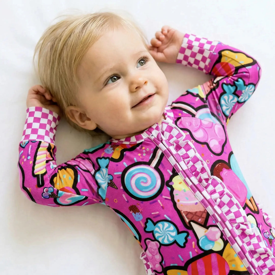 Convertible Ruffle Romper | Candy shop print with Candy patch - Nik&DELLE