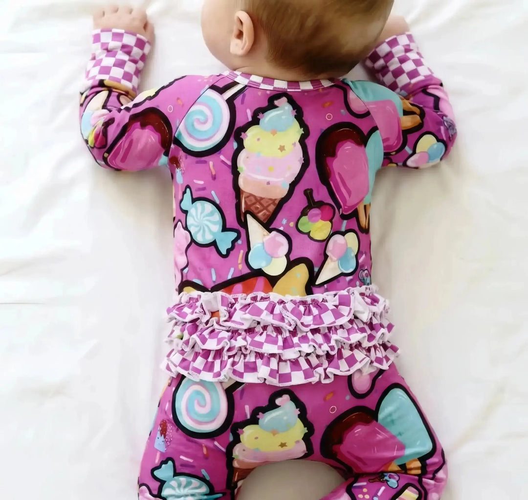 Convertible Ruffle Romper | Candy shop print with Candy patch - Nik&DELLE