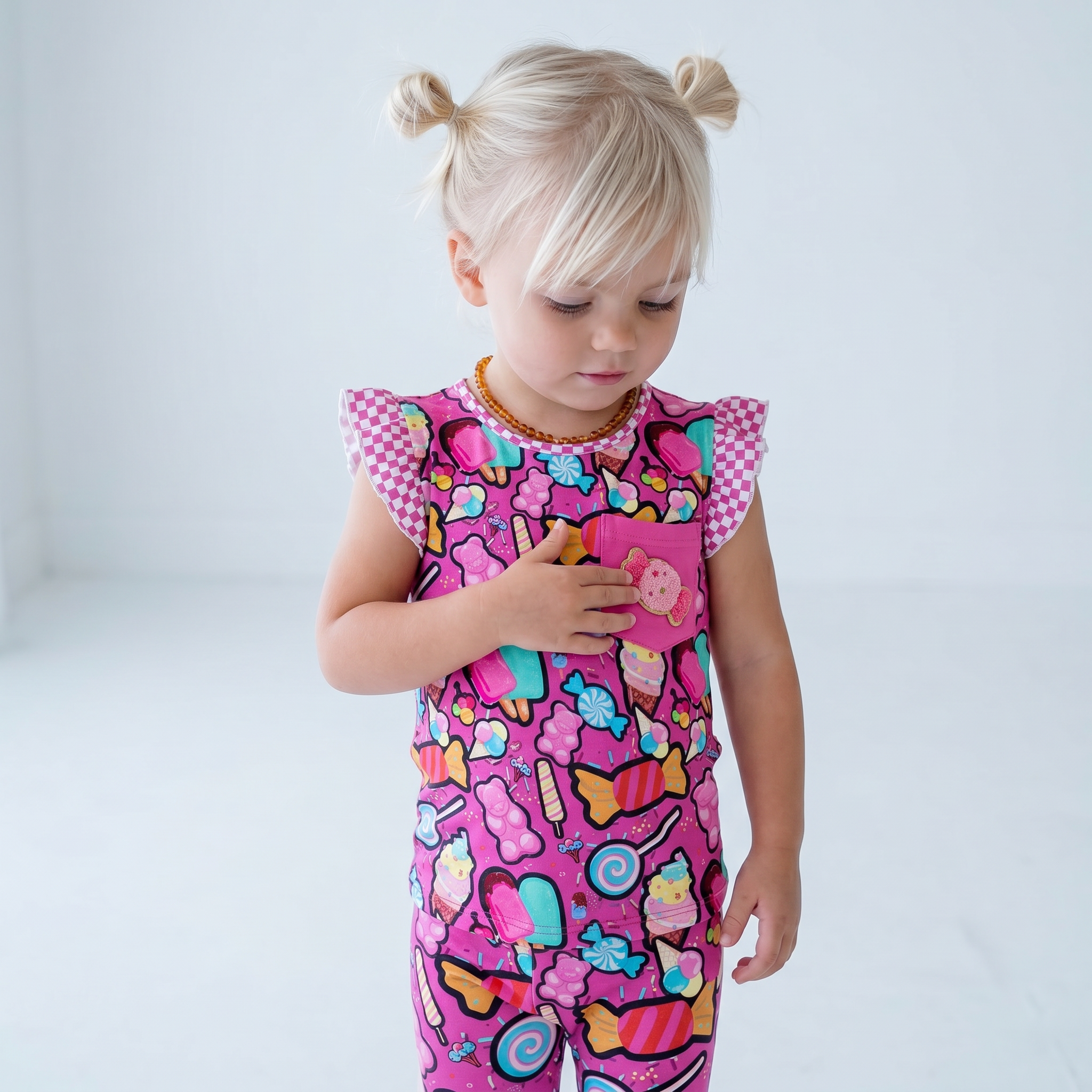 Candy Shop bamboo ruffle pajama set with removable candy patch – Nik&DELLE