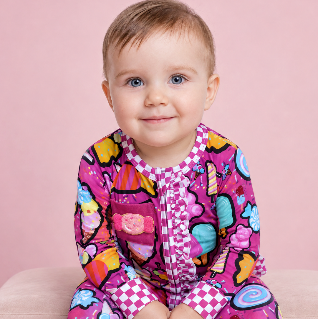 Candy Shop Bamboo Convertible Ruffle Romper | Baby Bamboo Pajamas