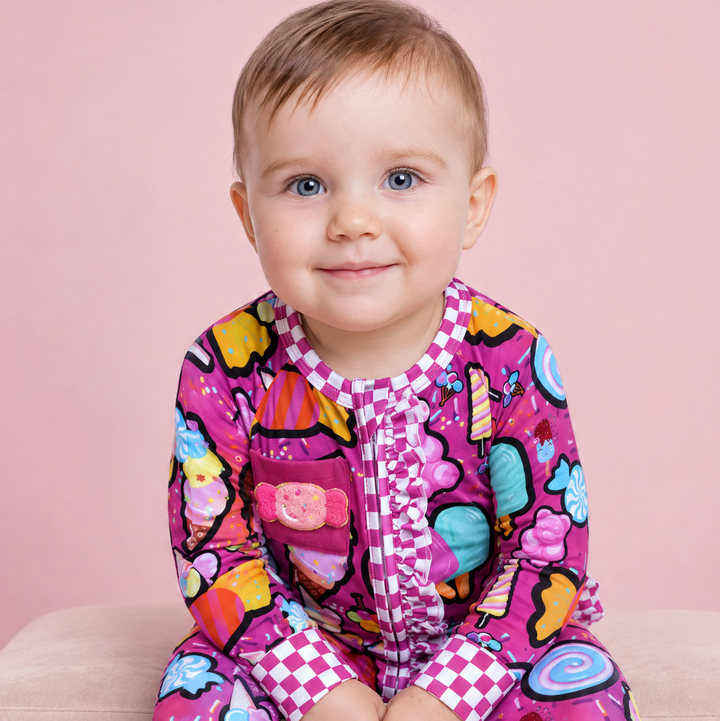 Candy Shop Bamboo Convertible Ruffle Romper | Baby Bamboo Pajamas