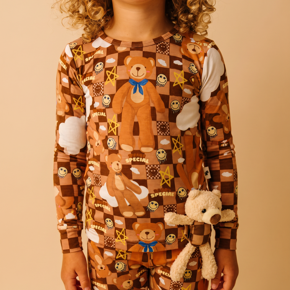 Toddler bamboo pajama set with stitched teddy bear print, Peeka Bear by Nik&DELLE