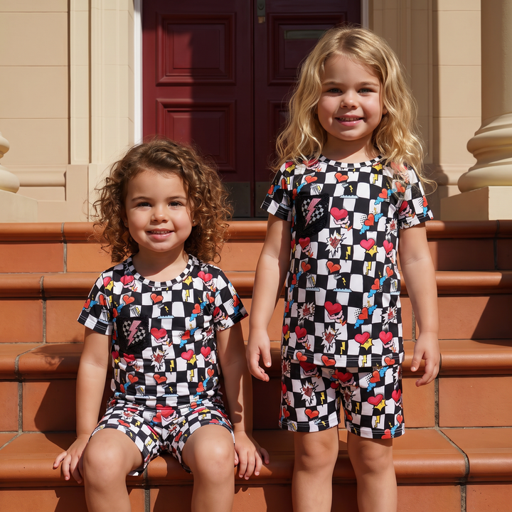 Electric Heart bamboo pajama short set for toddlers with removable patch, Nik&DELLE