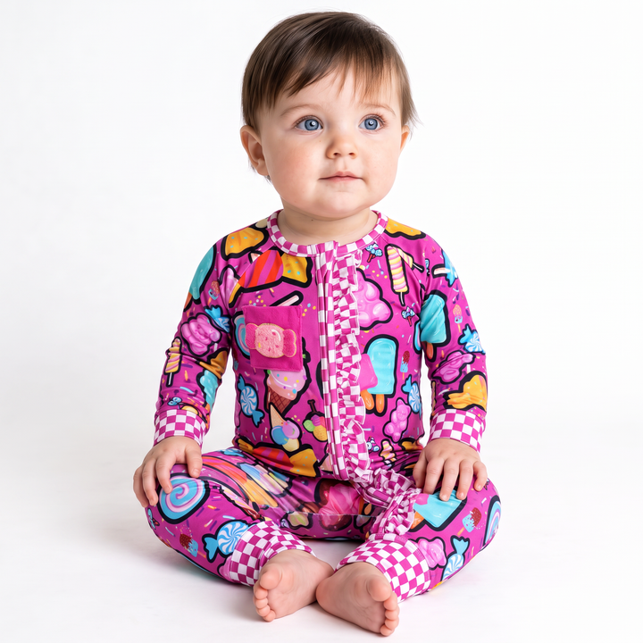 Candy Shop Bamboo Convertible Ruffle Romper | Baby Bamboo Pajamas