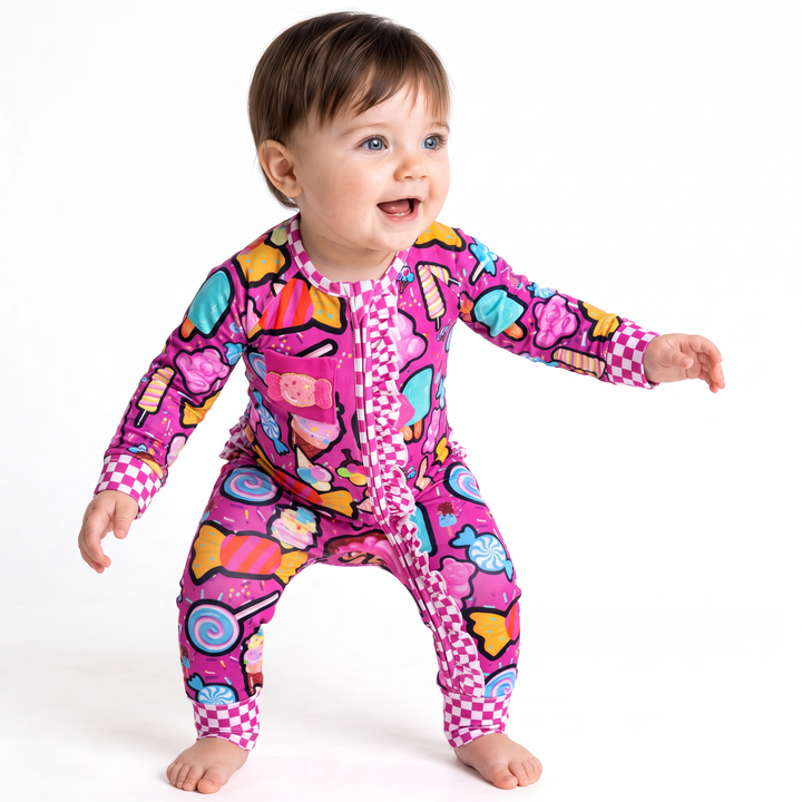 Candy Shop Bamboo Convertible Ruffle Romper | Baby Bamboo Pajamas