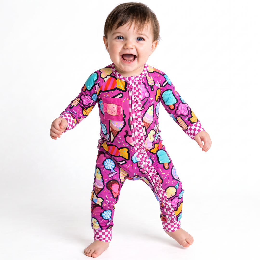 Candy Shop Bamboo Convertible Ruffle Romper | Baby Bamboo Pajamas
