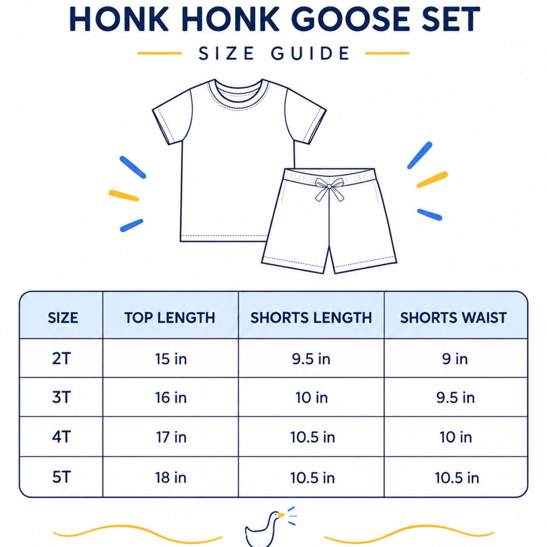 Nik and DELLE Honk Honk Goose Set size guide for sizes 2T through 5T