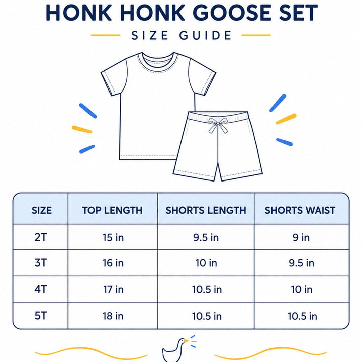 Nik and DELLE Honk Honk Goose Set size guide for sizes 2T through 5T