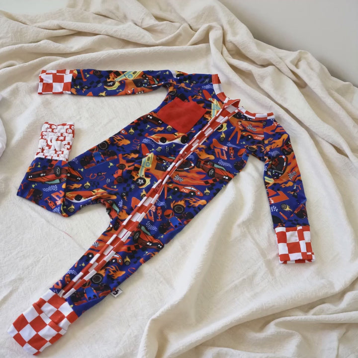 Little Racer Bamboo Convertible Zip Romper with Race Car Patch